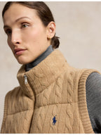 RALPH LAUREN WOMEN Cable-Knit Wool-Cashmere Zip Vest Collection Camel Melange